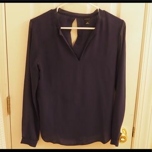 Ann Taylor sheer-sleeved navy blue blouse w/ button sleeves